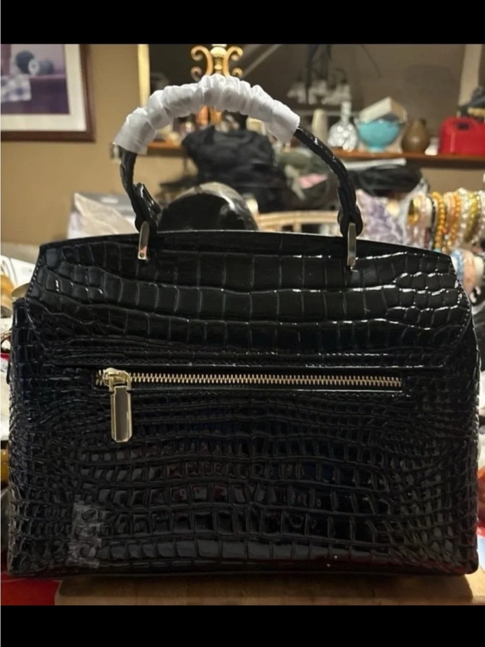 Black Croc-Embossed Top Handle Bag